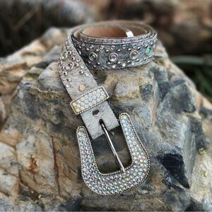 SSM Western Crystal Cowgirl Embellished Gray Fur Belt Gorgeous